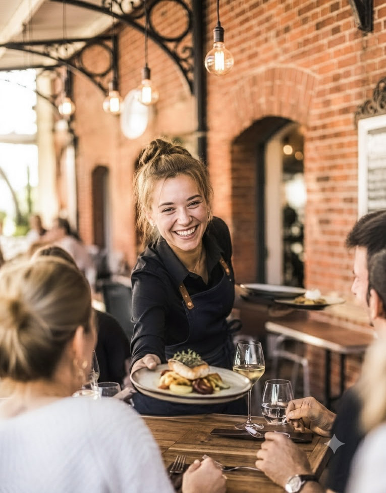 fischermaenns-stralsund-bedienung Eine lächelnde Kellnerin im Fischermänns Restaurant in Stralsund serviert Gästen auf der Terrasse ein frisch zubereitetes Fischgericht vor einer historischen Backsteinwand.