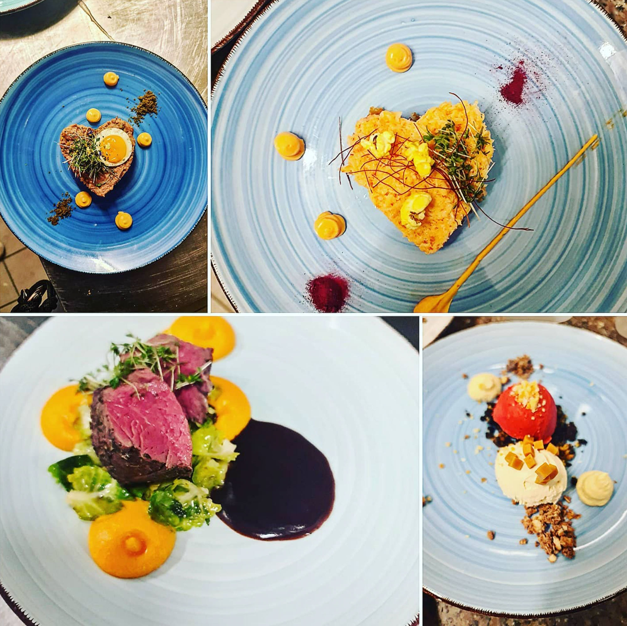 Vier Teller aus der Fischermänns-Küche: Tatar mit Wachtelei, Risotto, rosa gebratenes Rindfleisch und ein Dessert mit Sorbet.